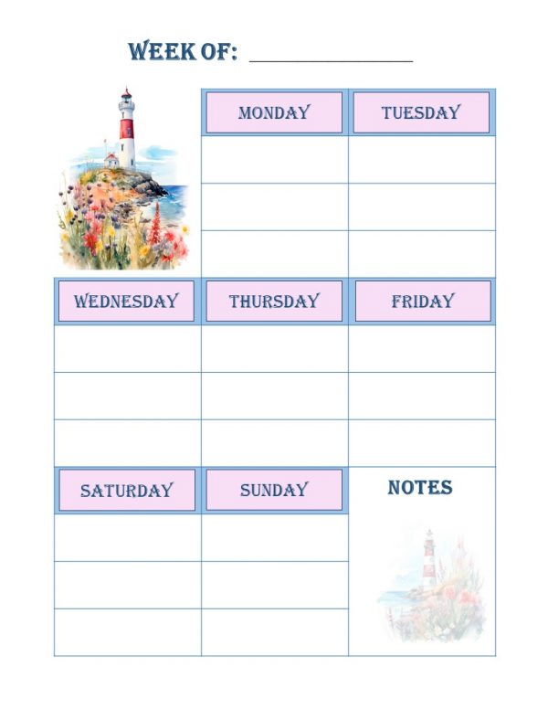 floral seaside weekly planner page